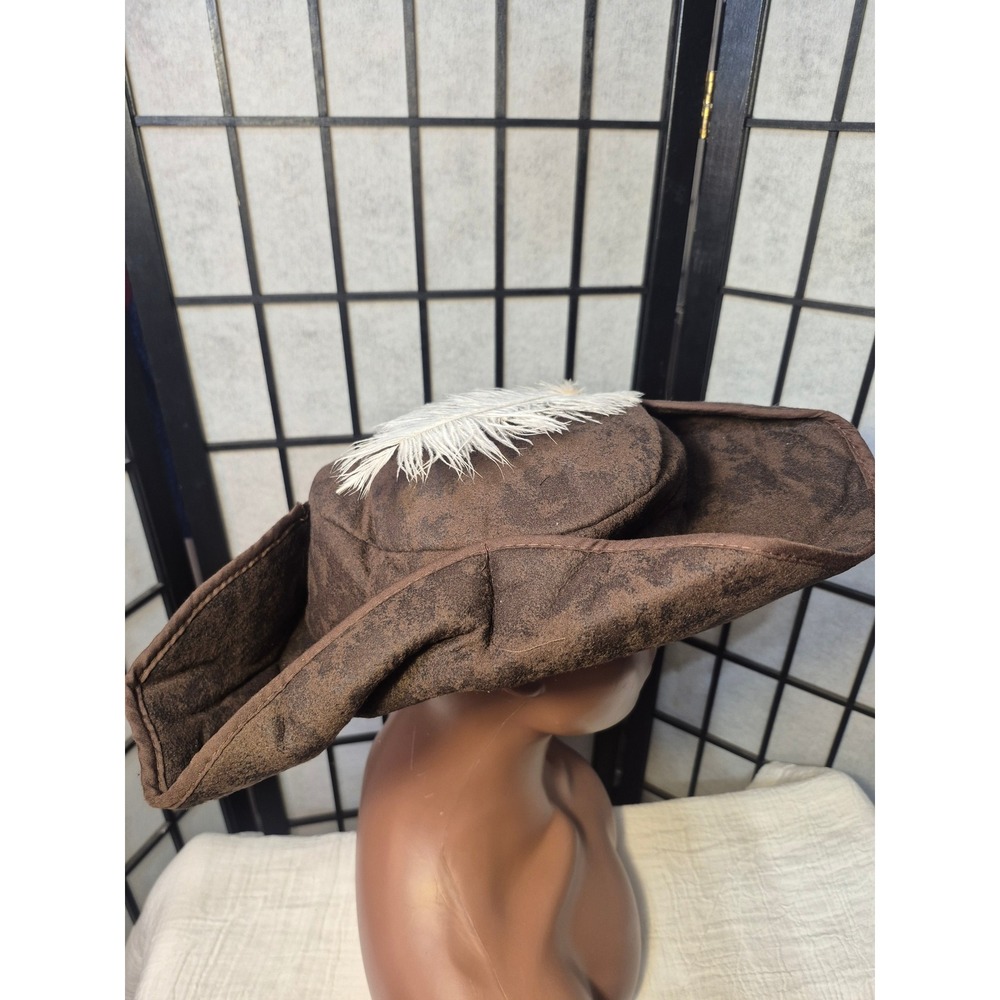 Brown Distressed Faux Suede Tricorn Hat with White Feather Pirate Colonial Hat